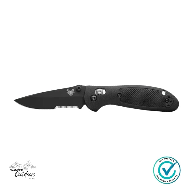 Black folding knife with a visible brand logo on a white background