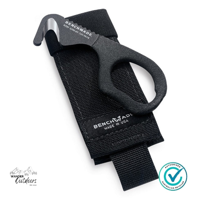 Black Benchmade knife sheath with visible branding on a white background