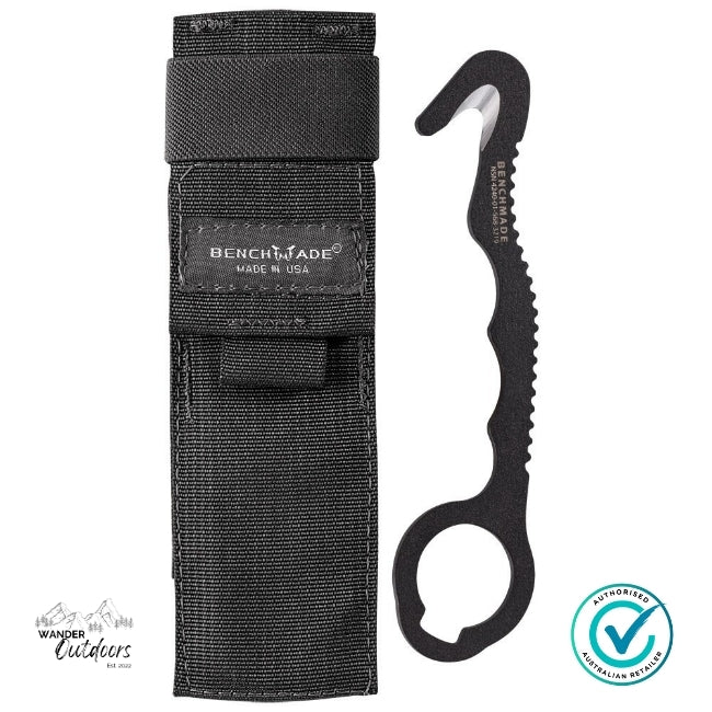 Black knife sheath with a knife on a white background, featuring Benchmade branding.