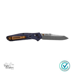 Reverse side of the Benchmade 940-04 Osborne displaying the copper PVD pocket clip and textured denim Micarta handle.