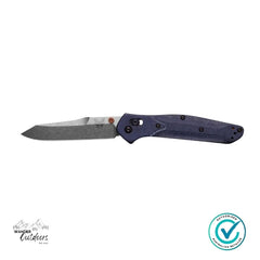 Full flat-lay of the open Benchmade 940-04 Osborne knife showing the M390 reverse tanto blade with satin finish and denim Micarta handle.