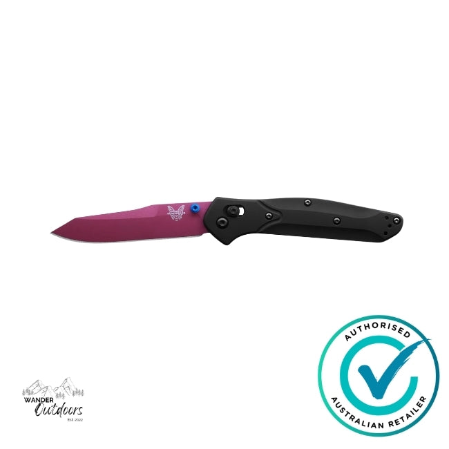 Folding knife with cranberry blade and black handle on a white background, featuring an 'Authorized Australian Retailer' badge.