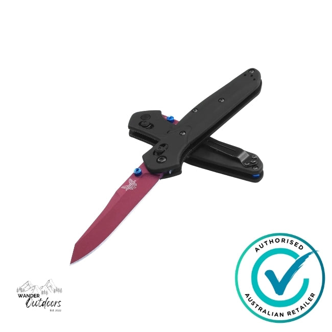 Folding knife with a cranberry blade on a white background, featuring an 'Authorised Australian Retailer' badge.