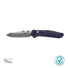 Benchmade 945-04 Mini Osborne folding knife fully open showing satin M390 reverse tanto blade and denim micarta handle.