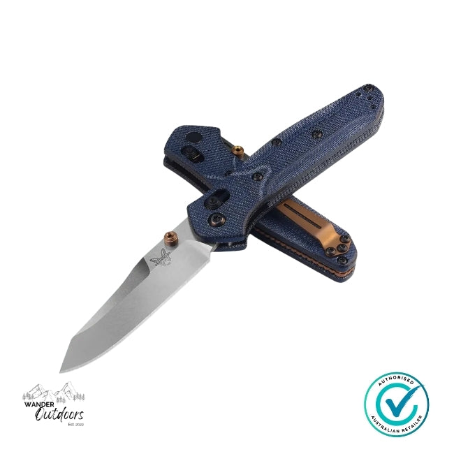 Benchmade 945-04 Mini Osborne folding knife stacked display showing blue denim micarta handles and satin reverse tanto blade.
