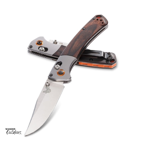 Benchmade 15085-2 Mini Crooked River Axis Folding Knife - Wood Handle Open and closed