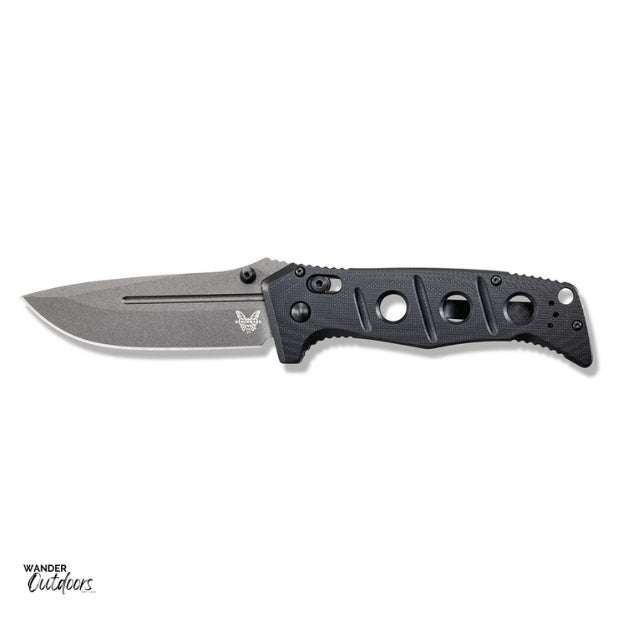 Benchmade 275GY-1 Adamas Axis Folding Knife - Black G10 Handle Birds Eye View Butterfly Side