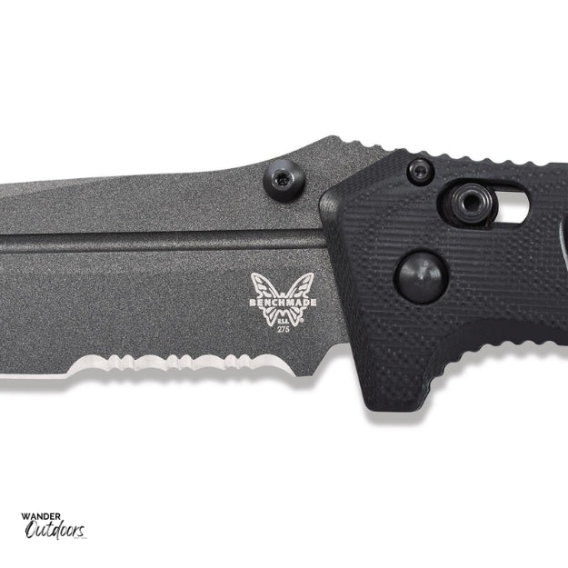 Benchmade 275SGY-1 Adamas Axis Folding Knife - Black Handle - Part Serrated Blade Close Up