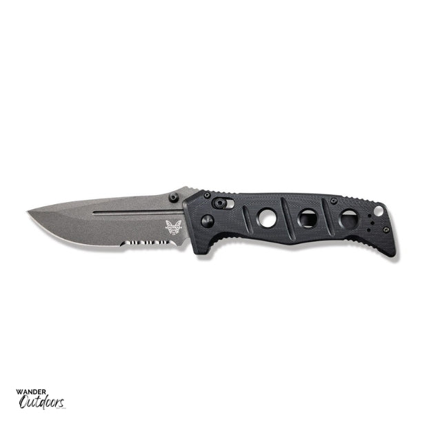 Benchmade 275SGY-1 Adamas Axis Folding Knife - Black Handle - Part Serrated Blade Flat Lay Open Butterfly Side