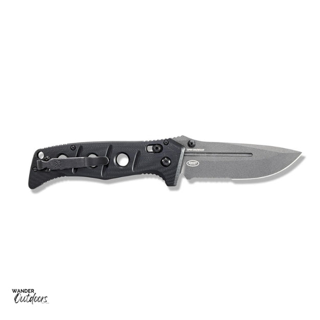 Benchmade 275SGY-1 Adamas Axis Folding Knife - Black Handle - Part Serrated Blade Flat Lay Open Clip Side