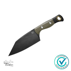 Benchmade B4010BK-01 Station Knife angled display view highlighting contoured OD green and black G10 handle with gold lanyard trim.