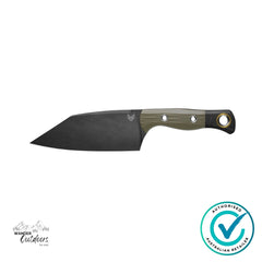Benchmade Station Knife fixed blade with black DLC finish and OD/BK G10 handle on white background, made in USA.