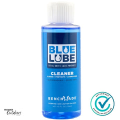Blue Lube cleaner bottle with Benchmade branding on a white background