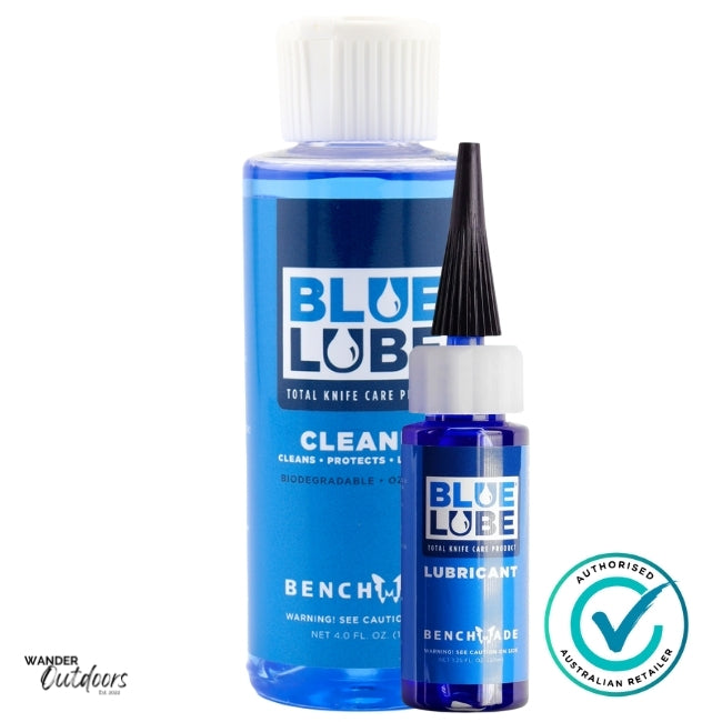 Two bottles of Blue Lube knife care products on a white background
