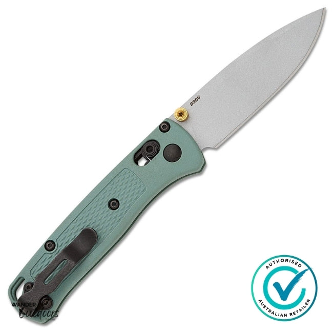 Folding knife with green handle on a white background, featuring an 'Authorised Australian Retailer' badge.