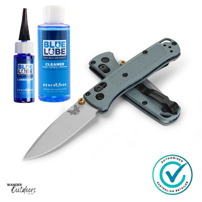Benchmade knife with Blue Lube products on a white background