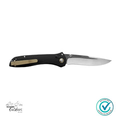 Benchmade SEVEN | TEN Folding Knife open showing black handle and bronze deep-carry pocket clip with Benchmade butterfly logo