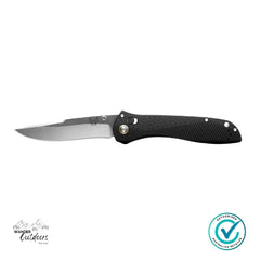 Benchmade SEVEN | TEN Folding Knife open with satin M390 recurve blade and black aluminium handle displayed on white background.