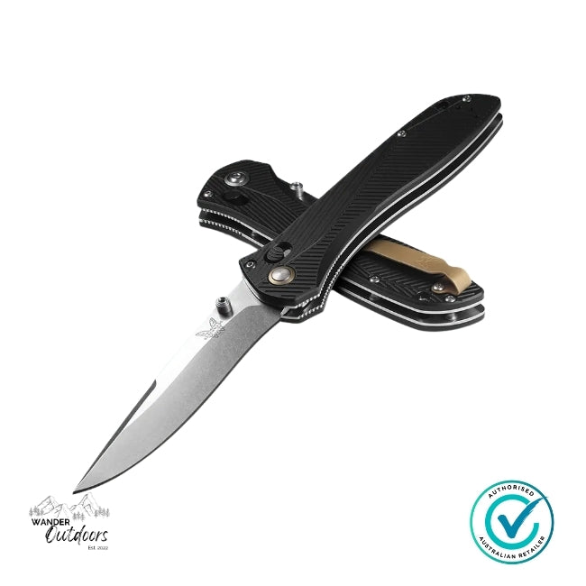 Benchmade SEVEN | TEN Folding Knife shown stacked in cross layout, highlighting recurve blade profile and anodised aluminium handle finish.