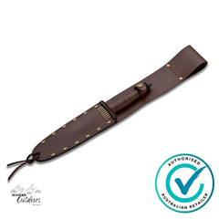 Brown leather sheath with a authorised Australian retailer logo on a white background