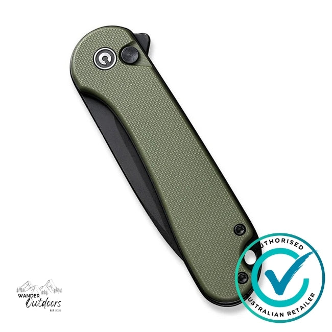 Green folding knife with a branded logo on a white background