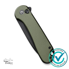 Green folding knife with a branded logo on a white background