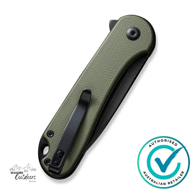 Folded knife with green handle and black blade on a white background, featuring an 'Authorised Australian Retailer' badge.