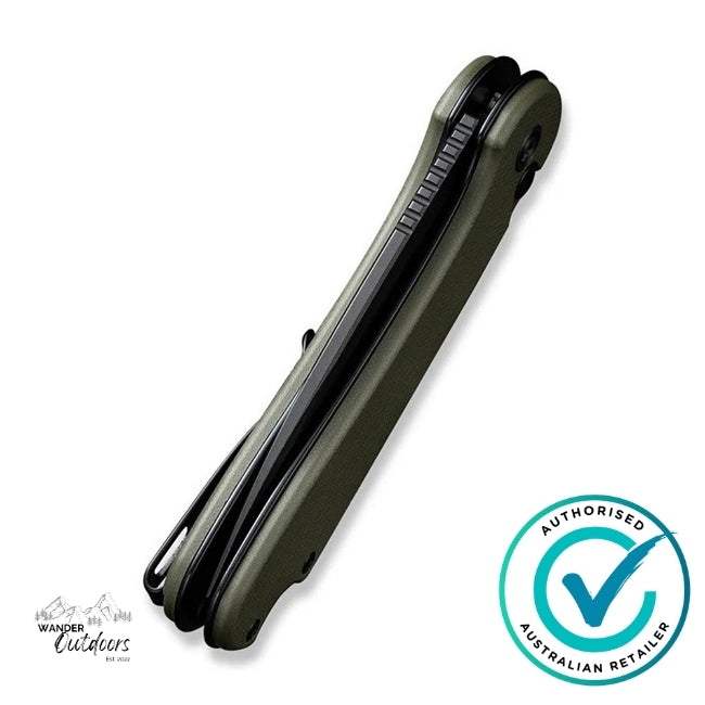 Green folding knife with authorised Australian retailer logo on a white background