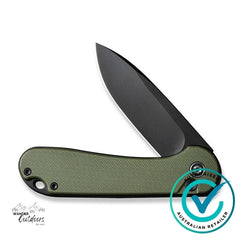 Folding knife with green handle and black blade on a white background, featuring Wander Outdoors branding.