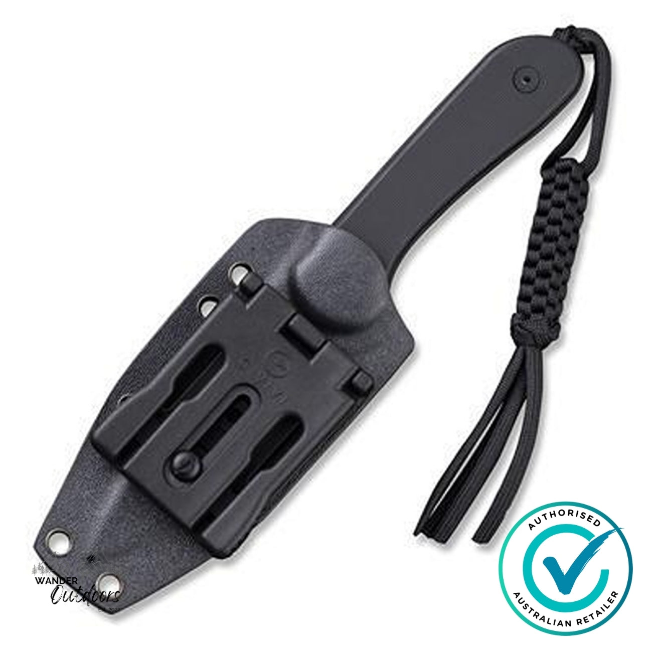 CIVIVI Elementum C2105A fixed blade knife in black Kydex sheath with T-Clip belt attachment and paracord lanyard