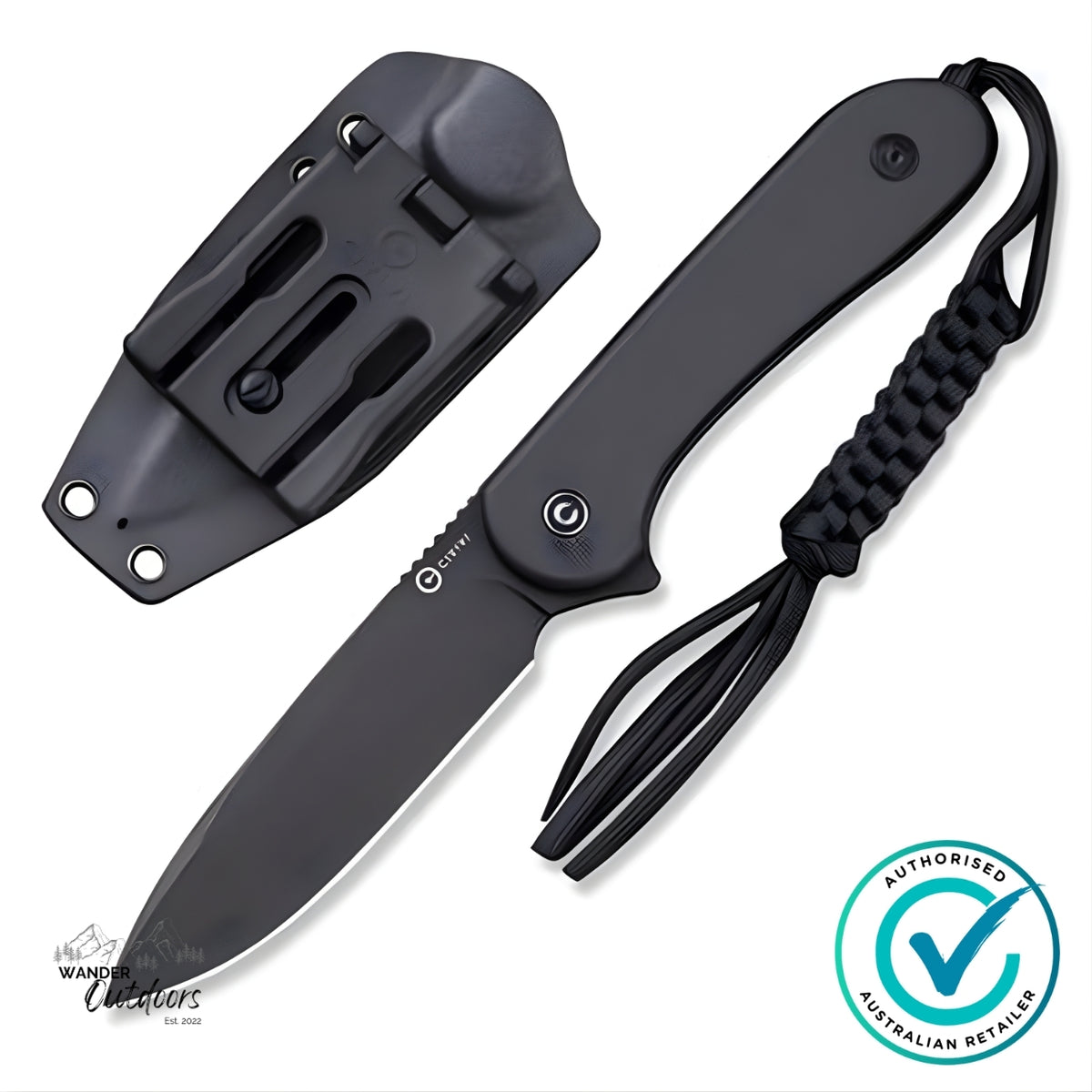 CIVIVI Elementum C2105A fixed blade knife black stonewashed D2 steel with Kydex sheath and braided paracord – Wander Outdoors