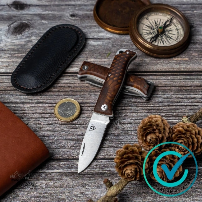 Knife with brown handle and leather sheath on a wooden surface with coins and a compass.