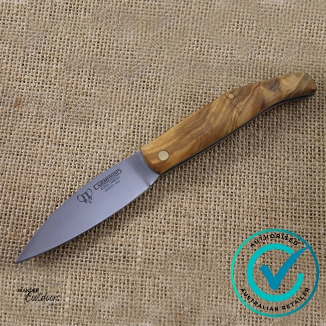 Knife with wooden handle on a burlap background, featuring an 'Authorised Australian Retailer' badge.