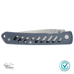 Gerber Affirm Folding Knife in blue aluminium handle shown folded – sleek, slim EDC design with lanyard hole, available at Wander Outdoors Australia.