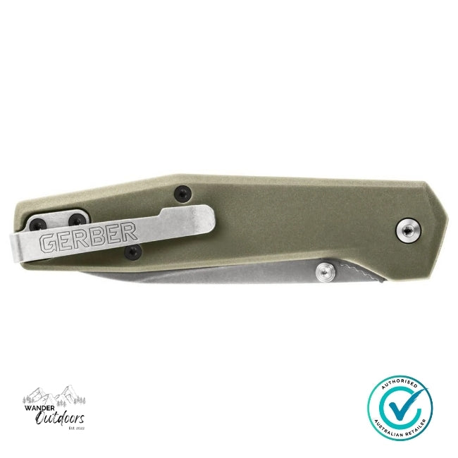 Green folding knife with 'GERBER' branding on a white background