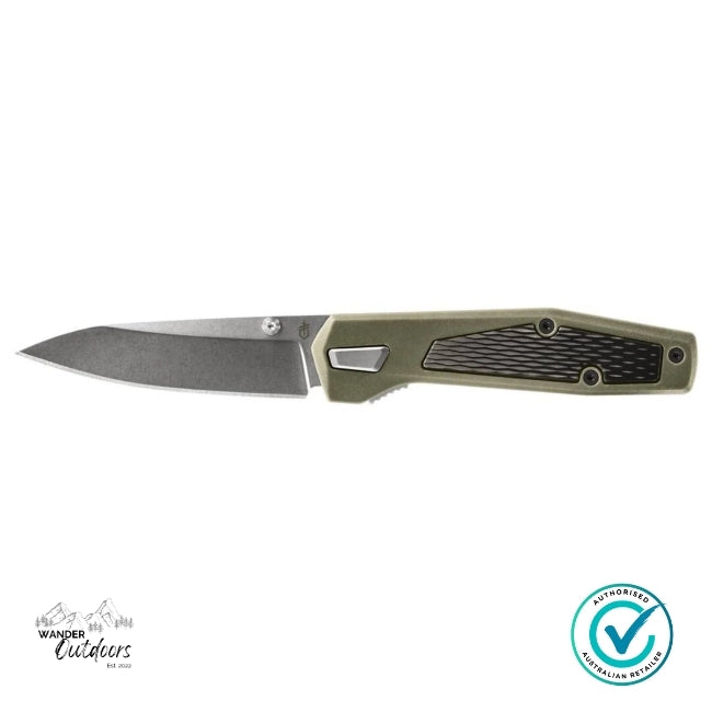 Folding knife with a green handle on a white background, featuring Wander Outdoors branding.
