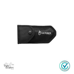 Black nylon Gerber knife sheath with snap closure and white Gerber logo, displayed on white background – Wander Outdoors authorised retailer watermark.