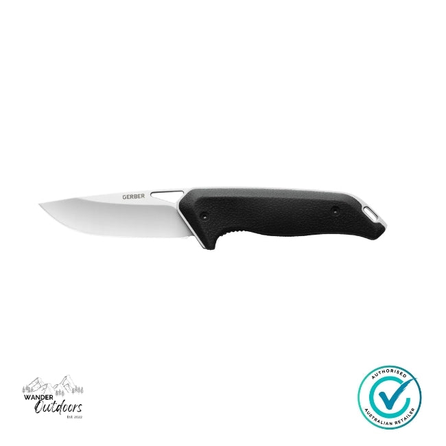 Gerber Moment Folding Drop Point Knife open with fine edge stainless blade and textured rubber handle, designed for hunting, camping and outdoor use – Wander Outdoors authorised Australian retailer.