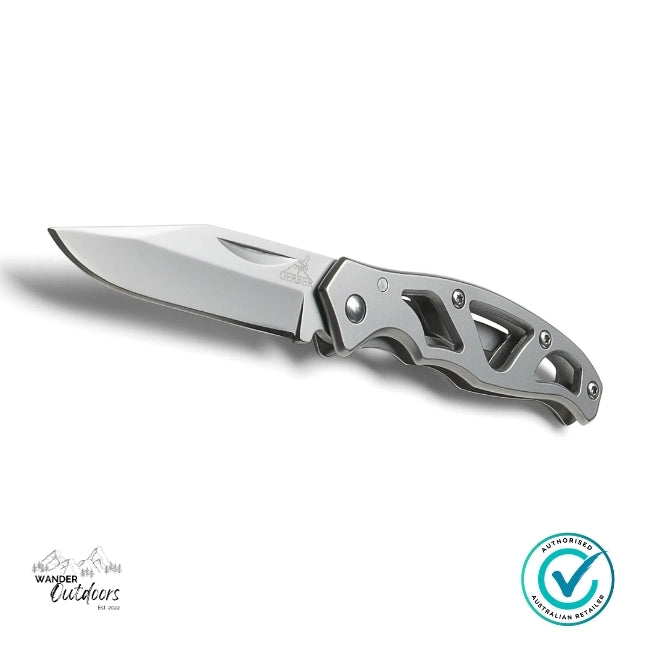 Folding knife with a metallic blade and handle on a white background, featuring Wander Outdoors branding.