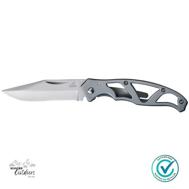 Folding knife with a gray handle and silver blade on a white background, featuring Wander Outdoors branding.