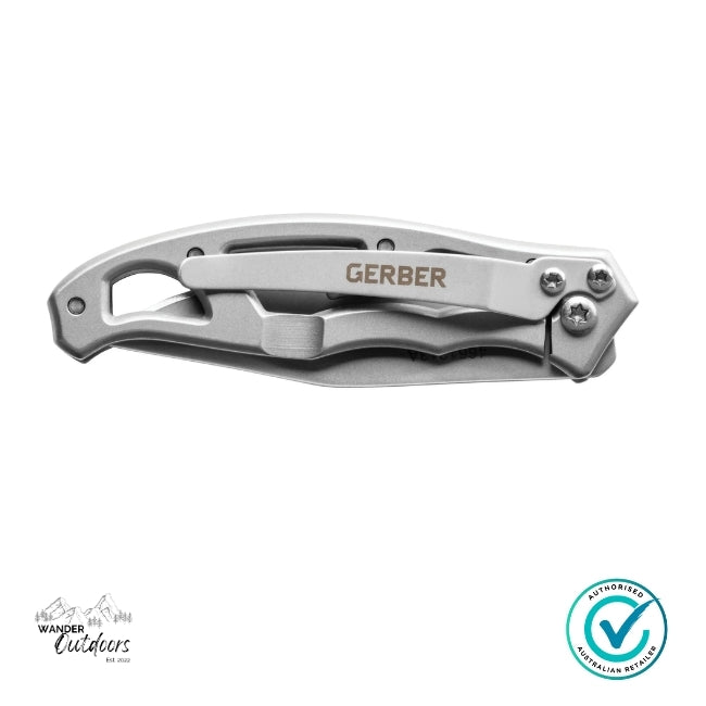 Silver Gerber folding knife on a white background