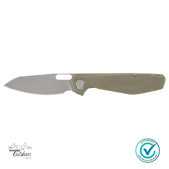 Foldable knife with a textured handle on a white background, featuring Wander Outdoors branding.