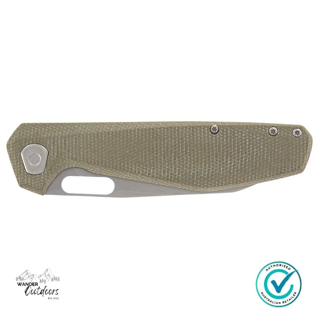 Folding knife with a textured handle on a white background, featuring Wander Outdoors branding.