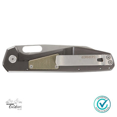 Gerber Slimsada Folding Knife shown folded – olive micarta handle with deep-carry pocket clip, authorised Australian retailer.