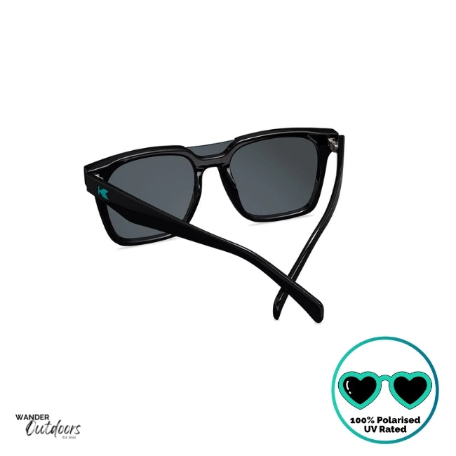 Knockaround Afters Ibiza Sunglasses with blue lenses and black  frames rear view, unisex polarised and UV400 Rating. 