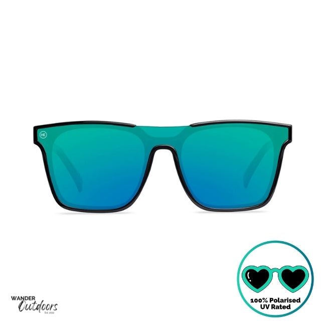 Knockaround Afters Ibiza Sunglasses with blue lenses and black  frames front view, unisex polarised and UV400 Rating. 