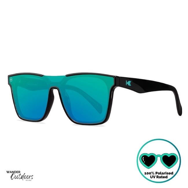 Knockaround Afters Ibiza Sunglasses with blue lenses and black  frames side front view, unisex polarised and UV400 Rating. 