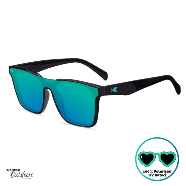 Knockaround Afters Ibiza Sunglasses with blue lenses and black  frames front side view, unisex polarised and UV400 Rating. 