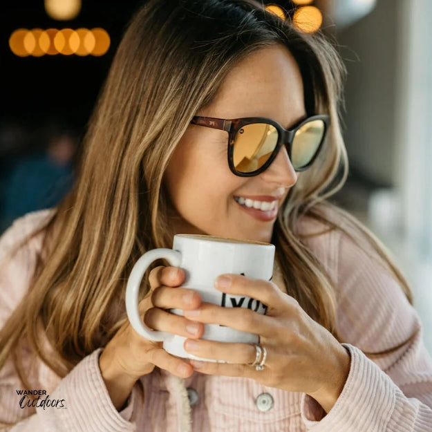 Quality Knockaround Deja View Sunglasses Matte Tortoise Shell Rose Gold Model at cafe with coffee cup