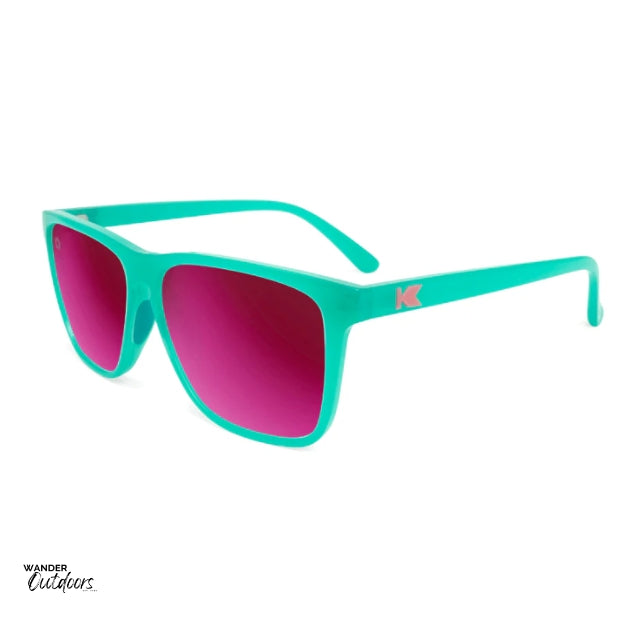 Unisex affordable Knockaround Fast Lanes Sport Sunglasses Aquamarine Fuchsia side arms view